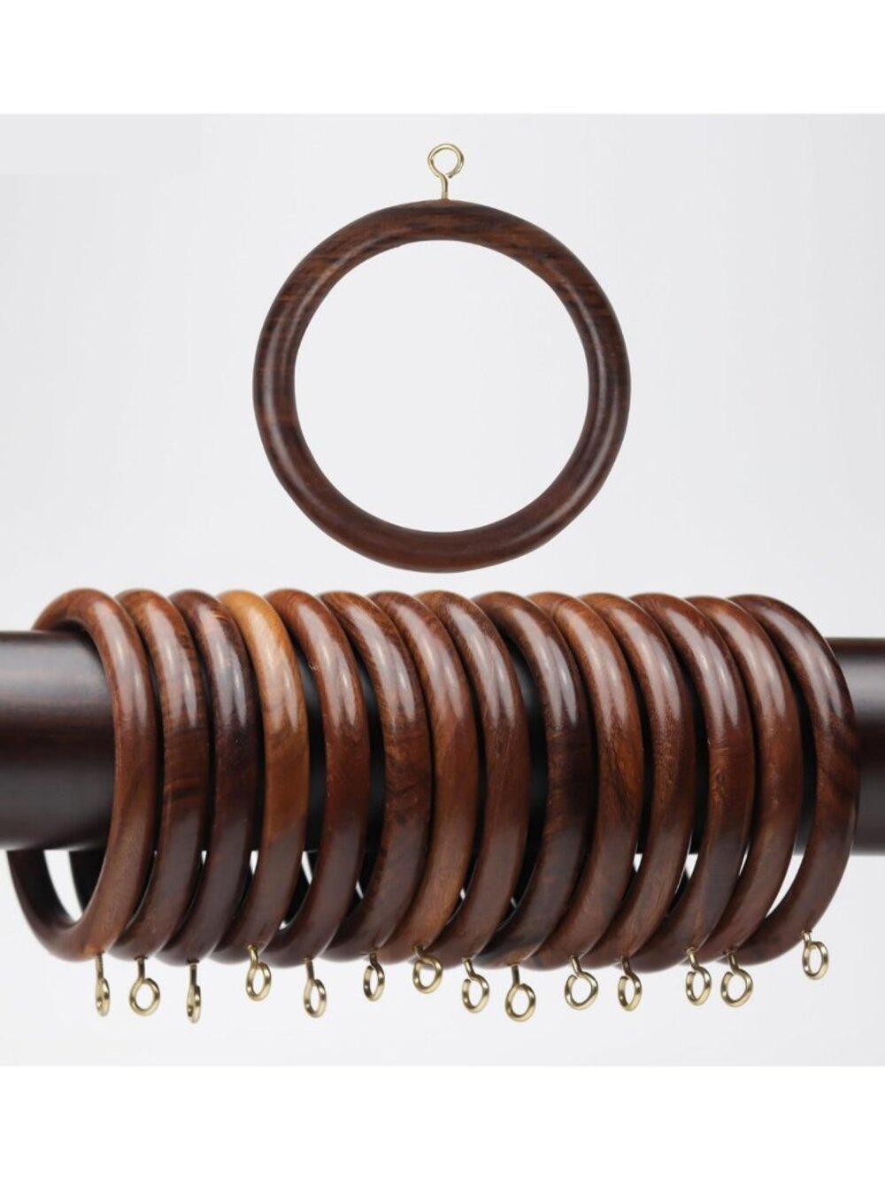 100 Wooden Curtain Rings - Durable Brown Drapery Hooks for 1-1.5" Rods, Easy